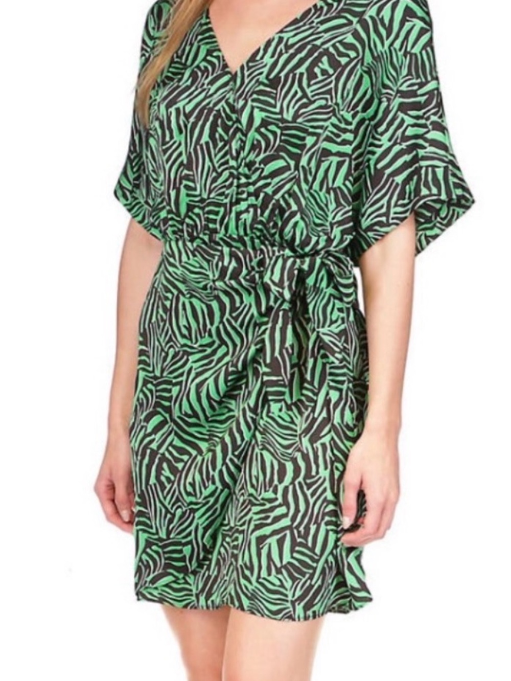 Michael Kors Women's Green Zebra Print V-Neck Tie-Waist Dress